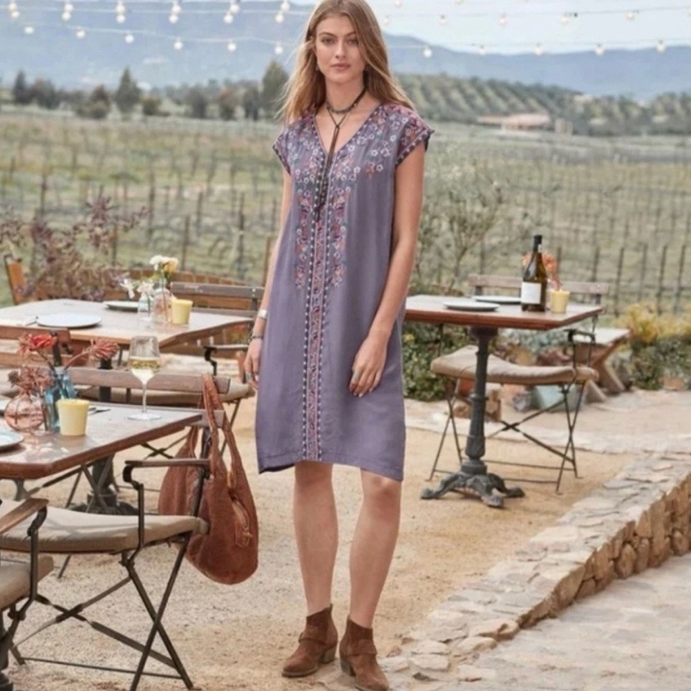 Sundance Ayla Purple‎ Floral Embroidered V Neck Crinkle Shift Dress Womens XS